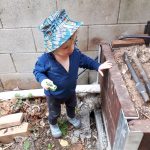 210808 backyard progress irrigation and bottom garden - 20210807 094937 backyard progress julian checking out bottom garden